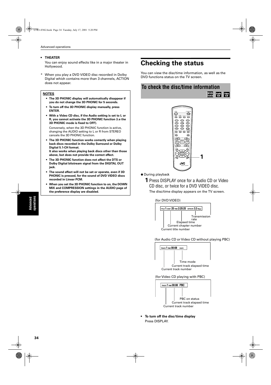 Checking the status, For dvd video), For audio cd or video cd without playing pbc) | For video cd playing with pbc) | JVC XV-LTR1 User Manual | Page 36 / 50