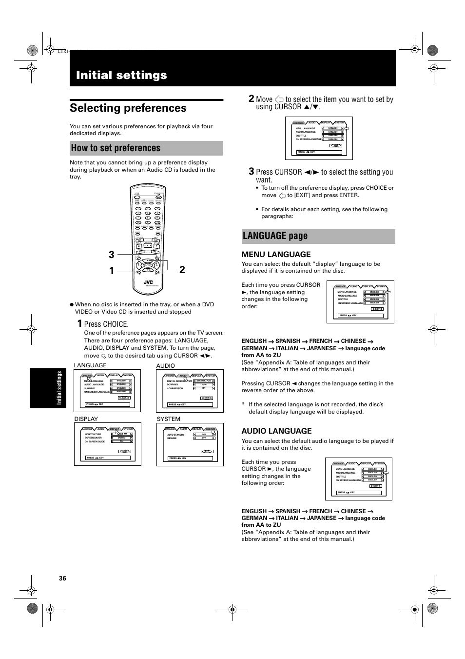 Initial settings, Initial settings selecting preferences, How to set preferences | Language page, Press choice, Press cursor 2/3 to select the setting you want, Menu language, Audio language, Language, Audio | JVC XV-LTR1 User Manual | Page 38 / 50