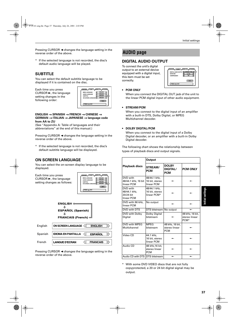 Audio page, Subtitle, On screen language | Digital audio output | JVC XV-LTR1 User Manual | Page 39 / 50