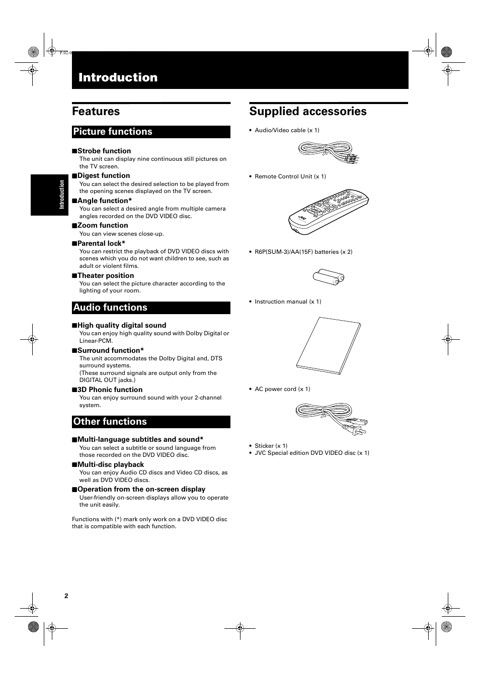 Introduction, Introduction features, Supplied accessories | Picture functions audio functions other functions | JVC XV-LTR1 User Manual | Page 4 / 50