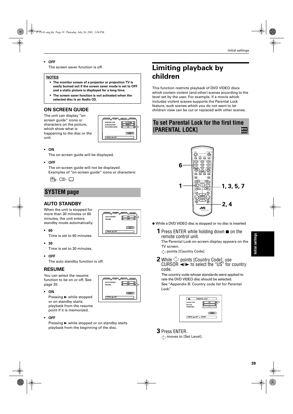 Limiting playback by children, System page, On screen guide | Auto standby, Resume, Press enter | JVC XV-LTR1 User Manual | Page 41 / 50
