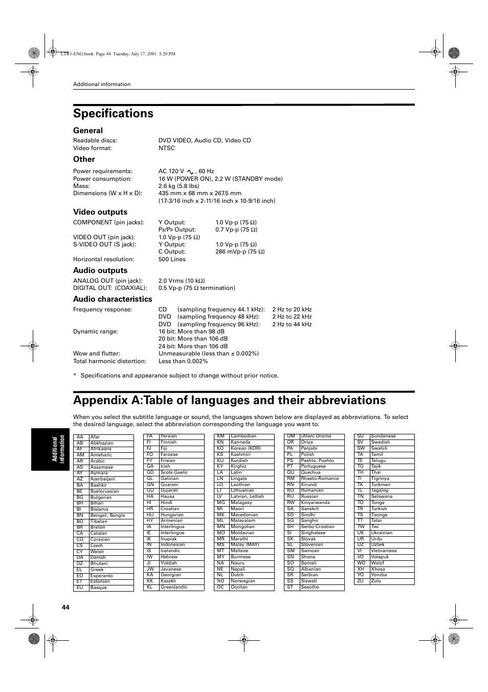 Specifications, General, Other | Video outputs, Audio outputs, Audio characteristics | JVC XV-LTR1 User Manual | Page 46 / 50