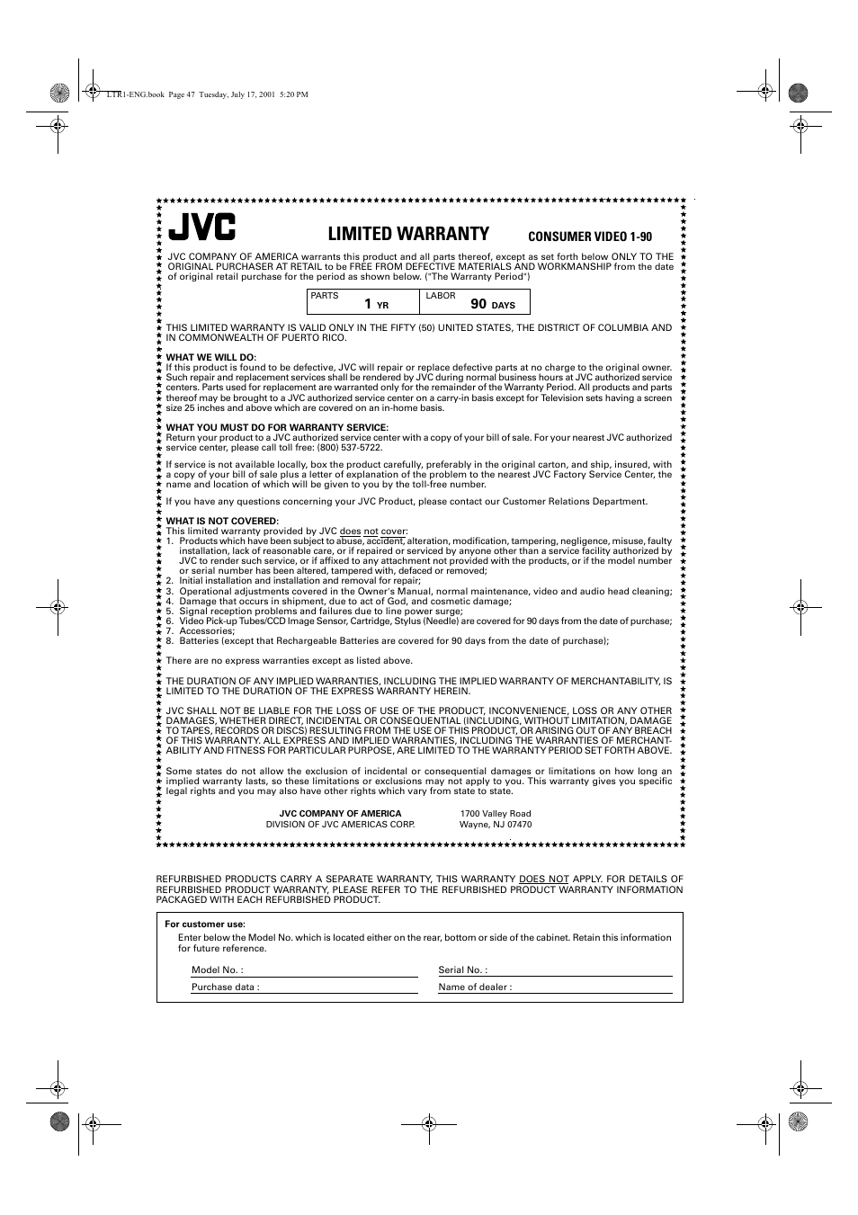 Limited warranty, Consumer video 1-90 | JVC XV-LTR1 User Manual | Page 49 / 50