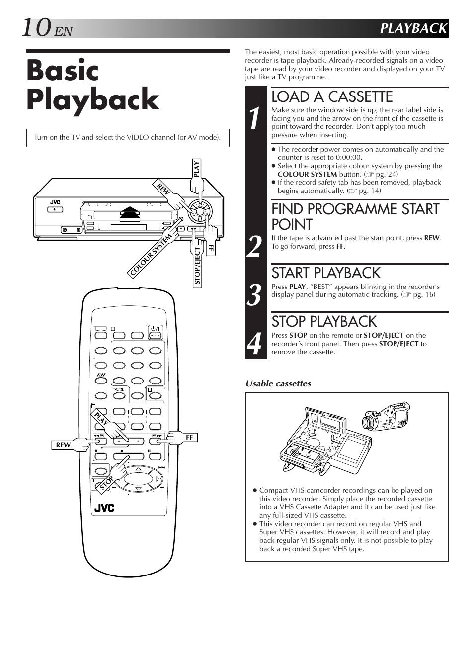 Basic playback, Load a cassette, Find programme start point | Start playback, Stop playback, Playback | JVC HR-J351EM User Manual | Page 10 / 40