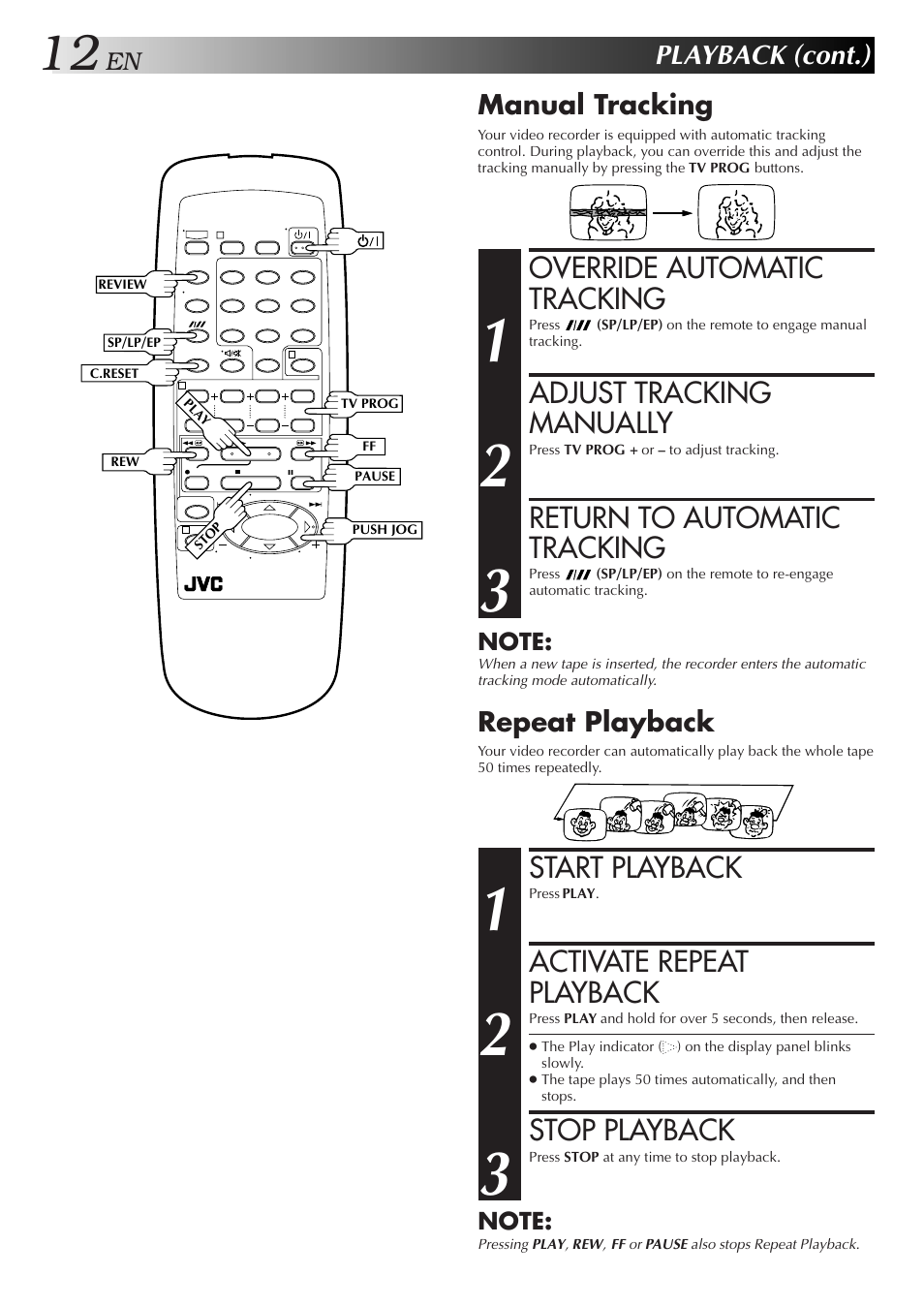 Override automatic tracking, Adjust tracking manually, Return to automatic tracking | Start playback, Activate repeat playback, Stop playback, Playback (cont.), Manual tracking, Repeat playback | JVC HR-J351EM User Manual | Page 12 / 40