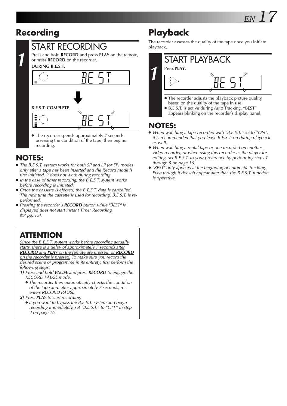 Start recording, Start playback, Recording | Playback, Attention | JVC HR-J351EM User Manual | Page 17 / 40