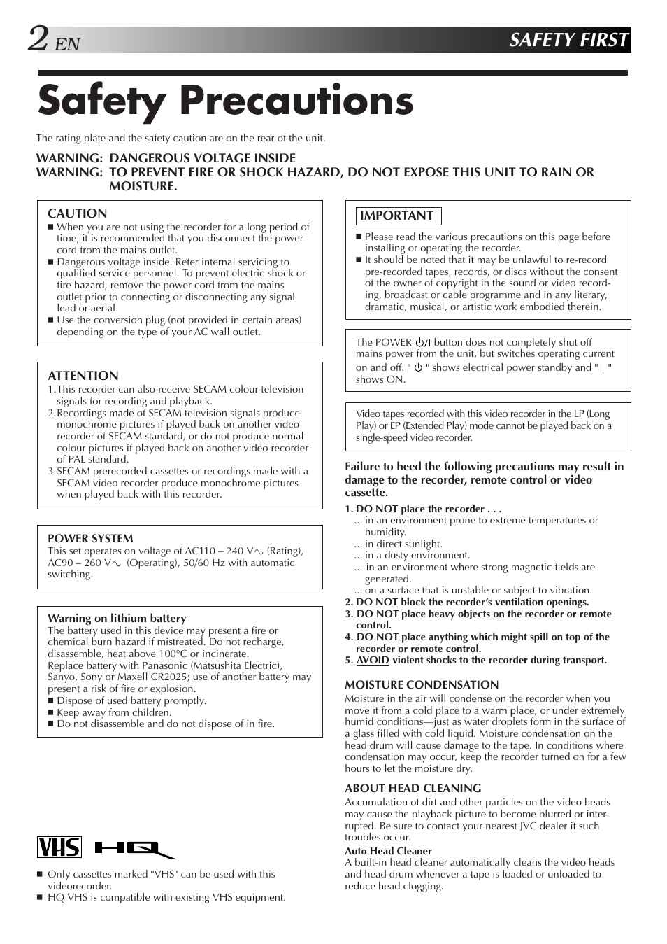 Safety precautions, Safety first | JVC HR-J351EM User Manual | Page 2 / 40