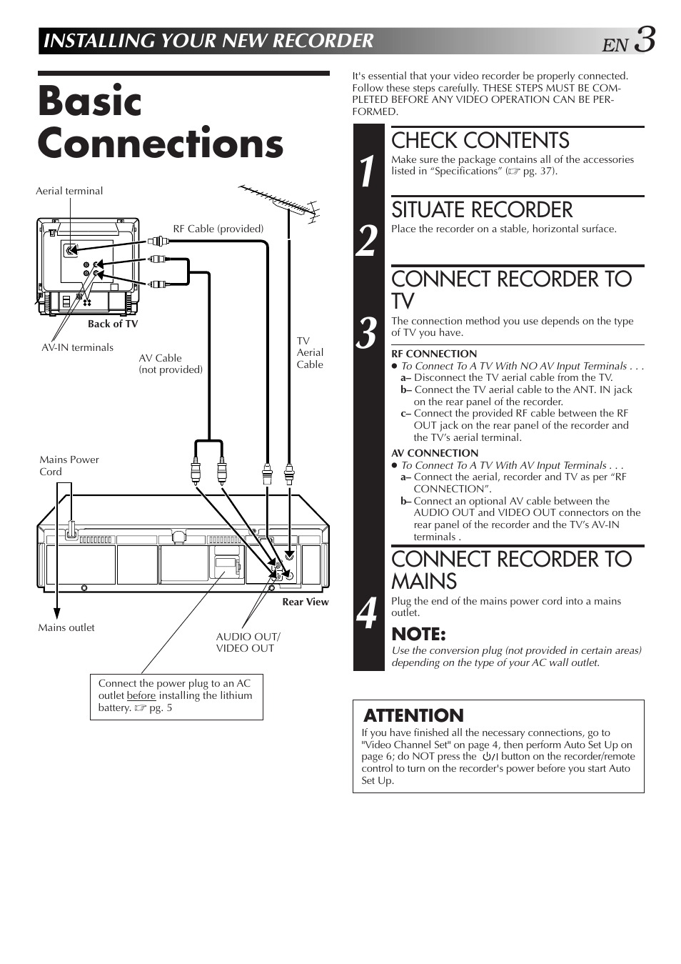 Basic connections, Check contents, Situate recorder | Connect recorder to tv, Connect recorder to mains, Installing your new recorder | JVC HR-J351EM User Manual | Page 3 / 40