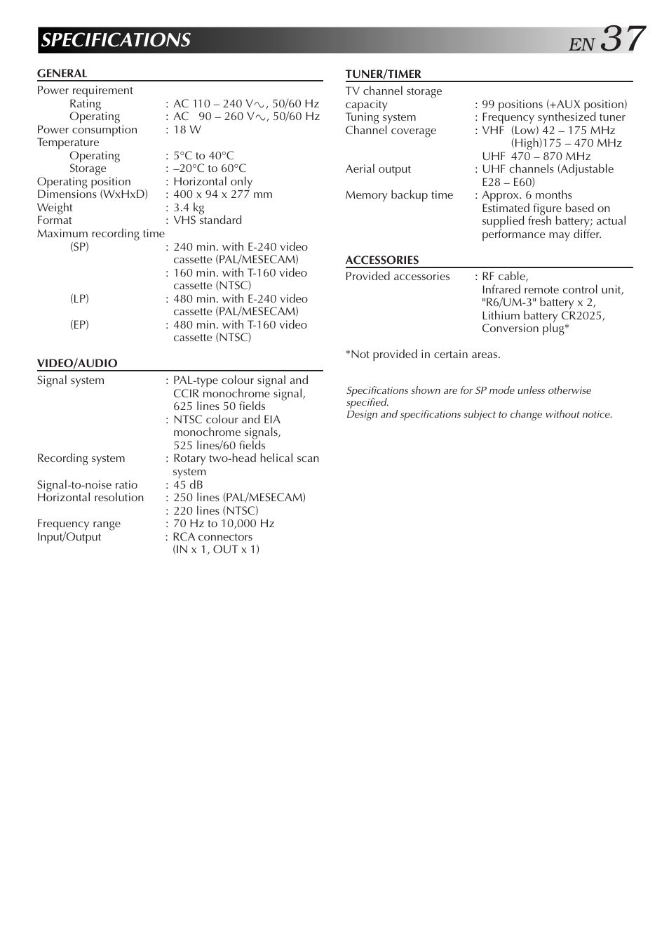 Specifications | JVC HR-J351EM User Manual | Page 37 / 40