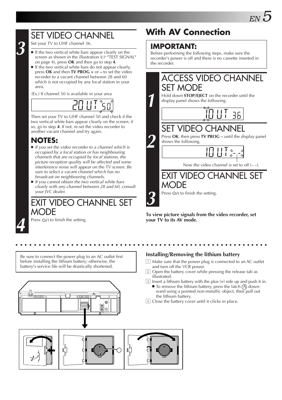 Set video channel, Exit video channel set mode, Access video channel set mode | With av connection, Important, Installing/removing the lithium battery | JVC HR-J351EM User Manual | Page 5 / 40