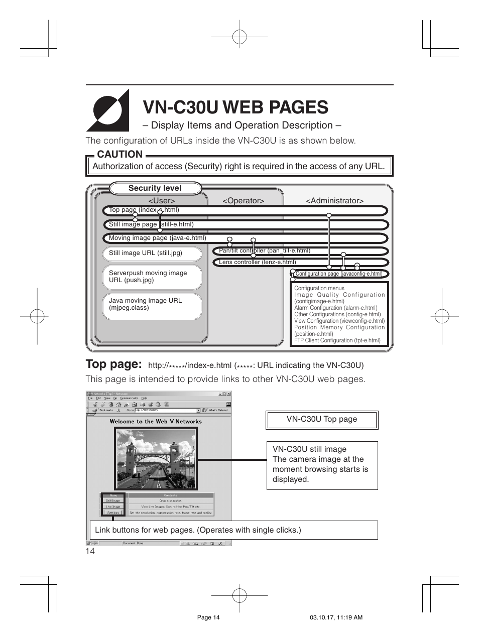 Vn-c30u web pages, Top page, Display items and operation description | Caution | JVC VN-C30U User Manual | Page 14 / 32