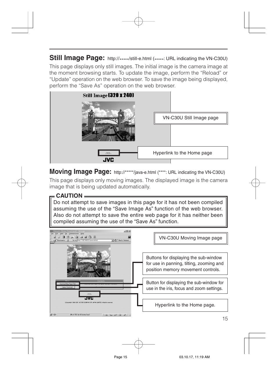 Still image page, Moving image page | JVC VN-C30U User Manual | Page 15 / 32