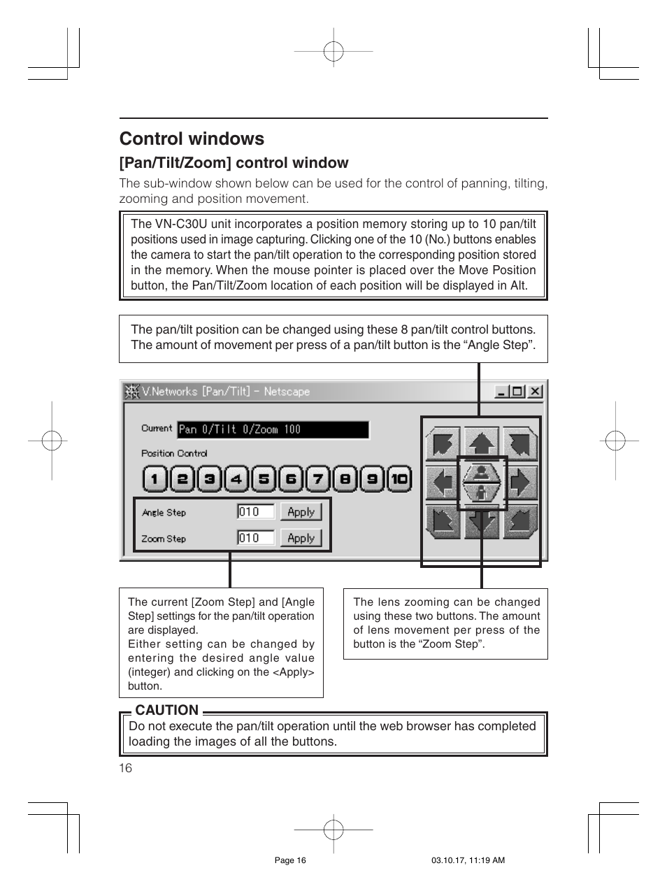 Control windows, Pan/tilt/zoom] control window | JVC VN-C30U User Manual | Page 16 / 32