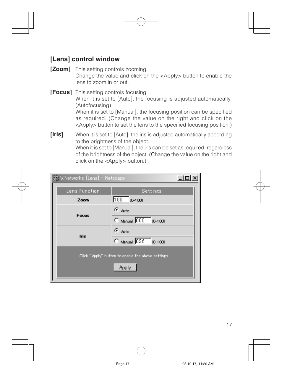 Lens] control window | JVC VN-C30U User Manual | Page 17 / 32