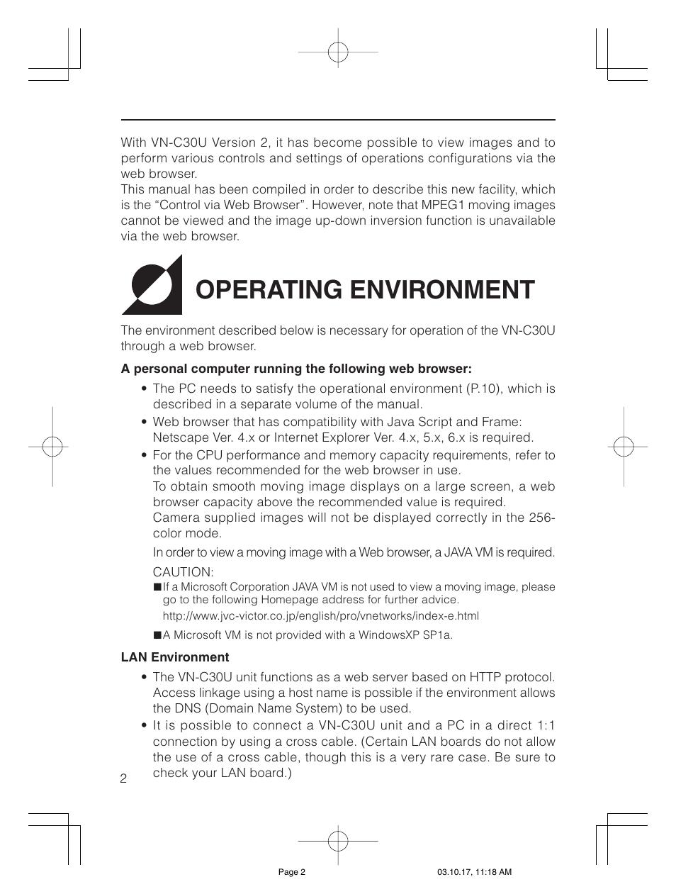 Operating environment | JVC VN-C30U User Manual | Page 2 / 32
