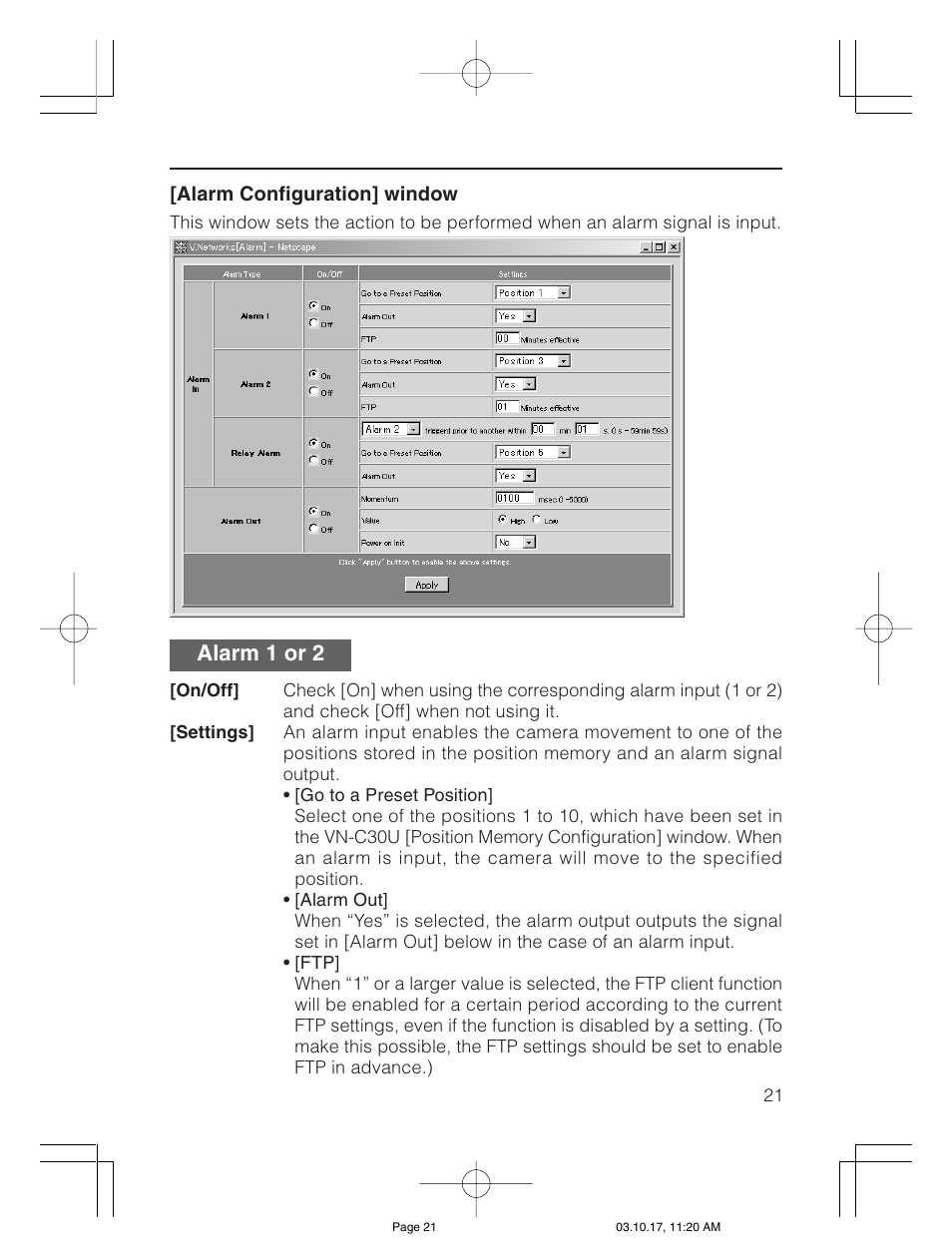 Alarm 1 or 2 | JVC VN-C30U User Manual | Page 21 / 32