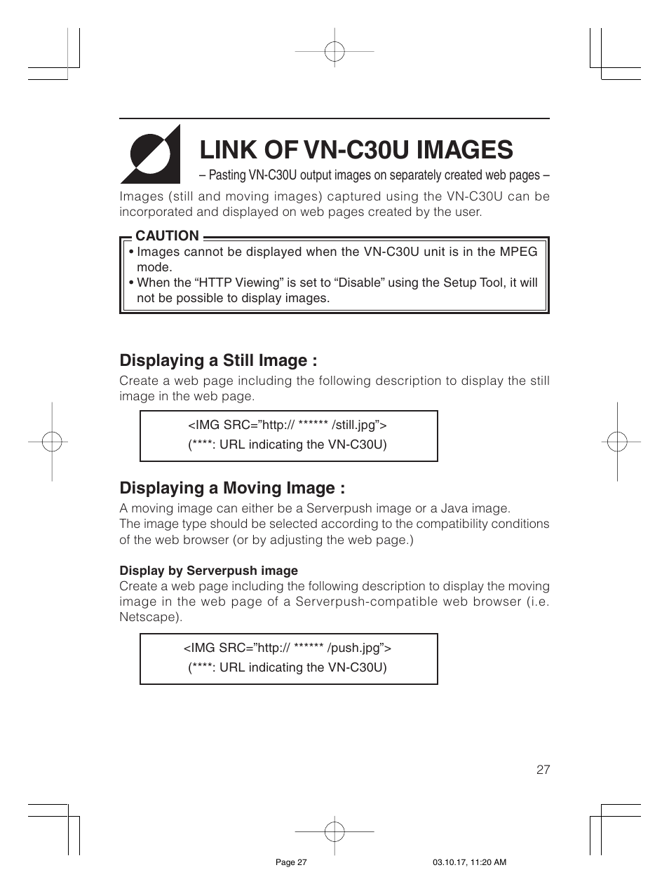 Link of vn-c30u images, Displaying a still image, Displaying a moving image | JVC VN-C30U User Manual | Page 27 / 32