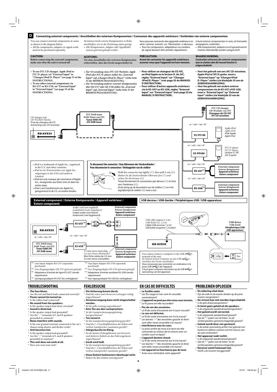 Troubleshooting, Fehlersuche, En cas de difficultes | Problemen oplossen | JVC EXAD KD-AVX33 User Manual | Page 6 / 6