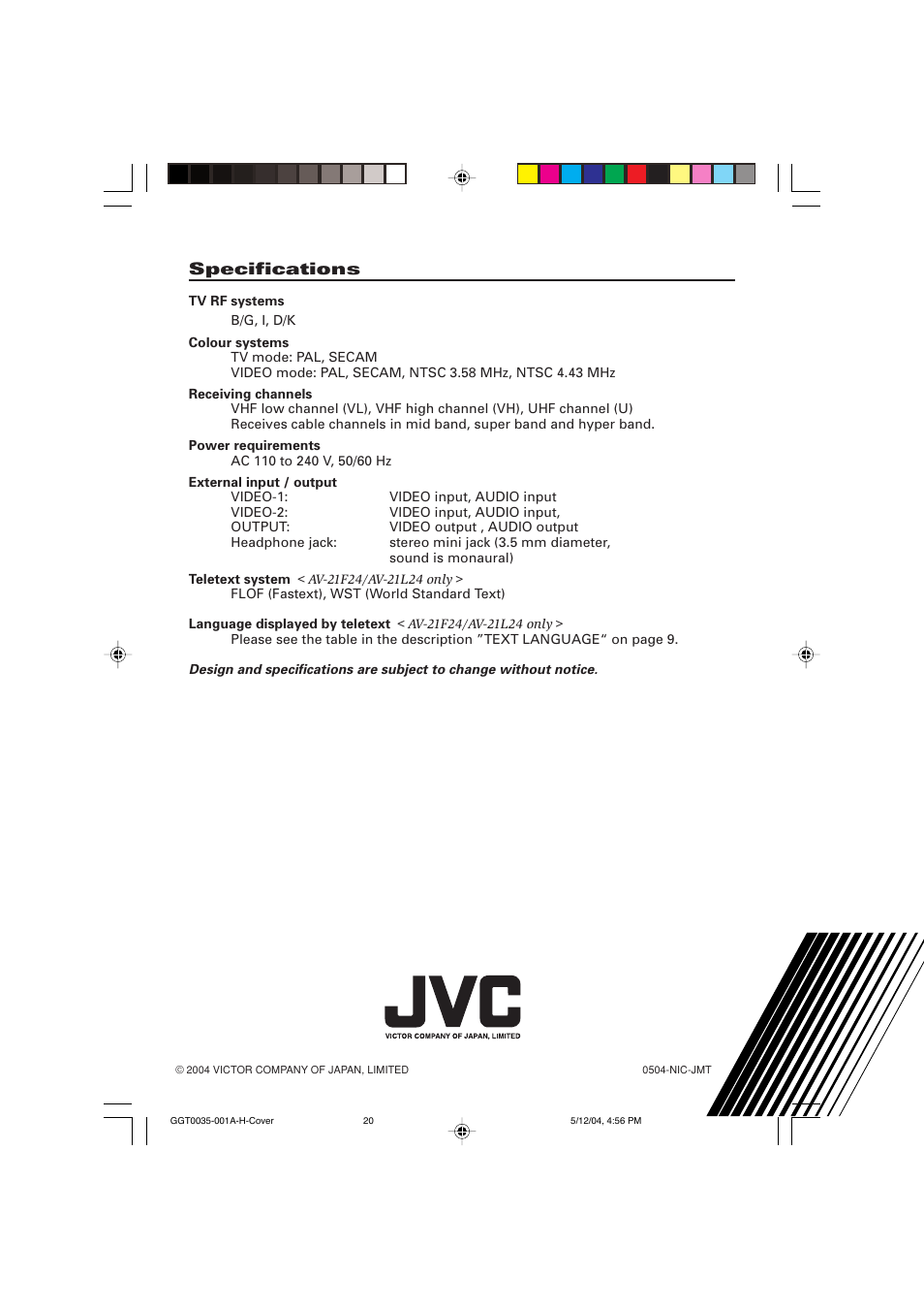 Specifications | JVC AV-14F14 User Manual | Page 16 / 32