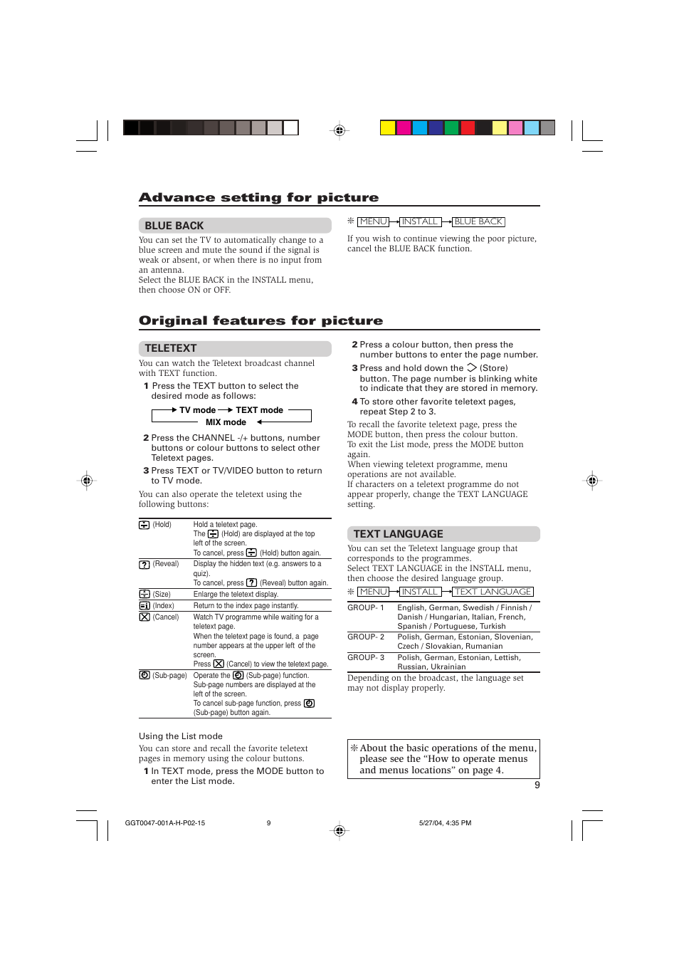 Advance setting for picture, Original features for picture | JVC AV-14F14 User Manual | Page 25 / 32