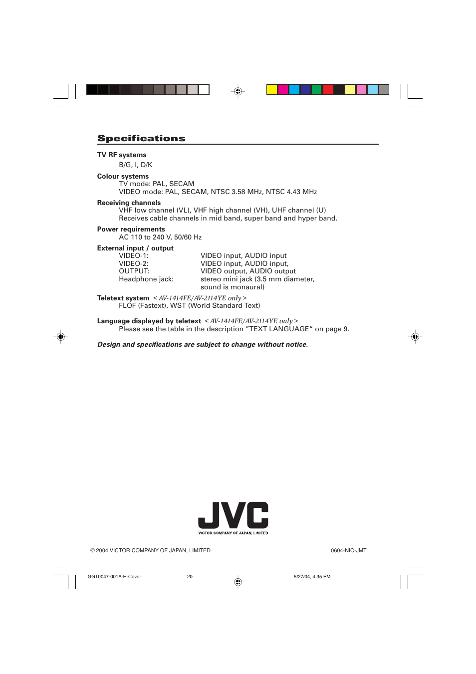 Specifications | JVC AV-14F14 User Manual | Page 32 / 32