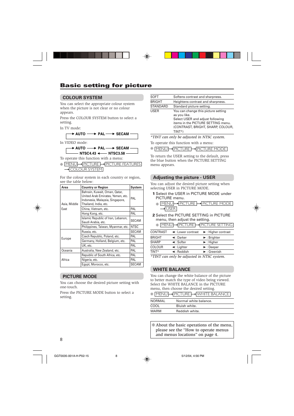 Basic setting for picture | JVC AV-14F14 User Manual | Page 8 / 32