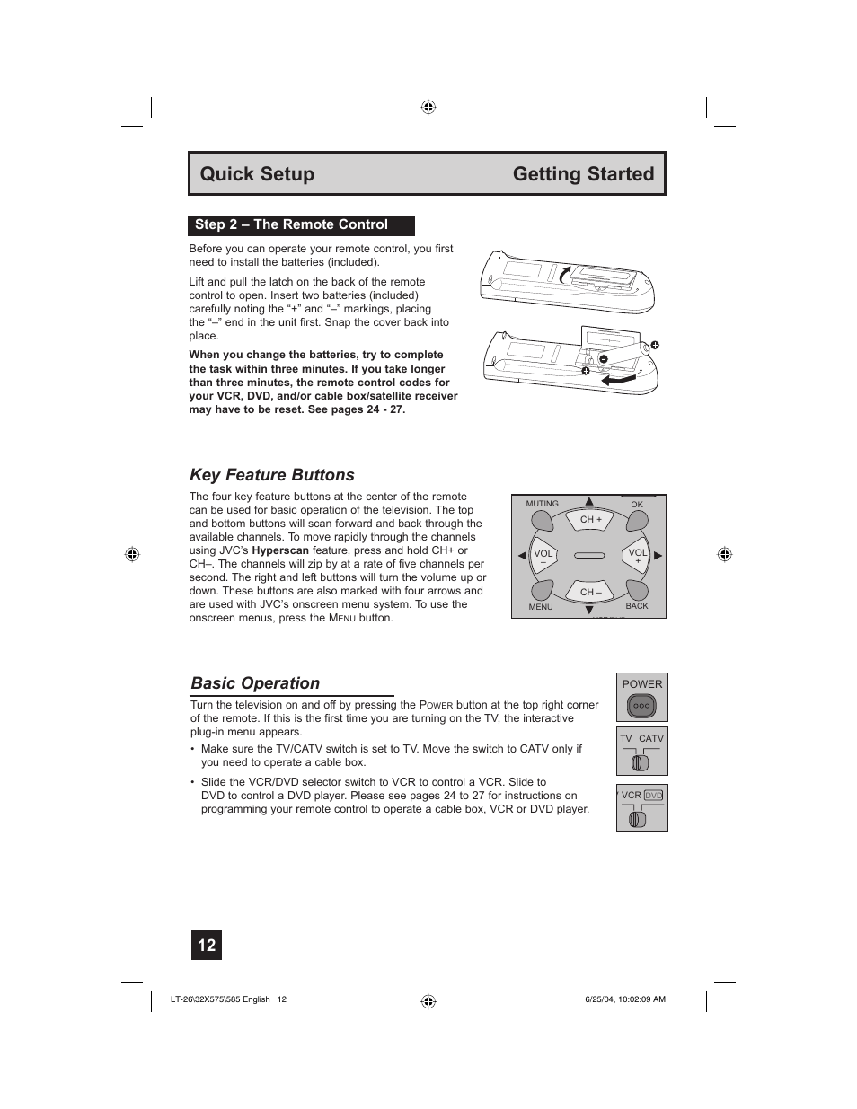 Quick setup getting started, Key feature buttons, Basic operation | Step 2 – the remote control | JVC T-26X585 User Manual | Page 12 / 72