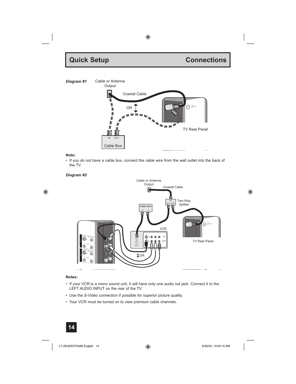 Quick setup connections, Coaxial cable cable or antenna output cable box, Or tv rear panel diagram #1 | JVC T-26X585 User Manual | Page 14 / 72