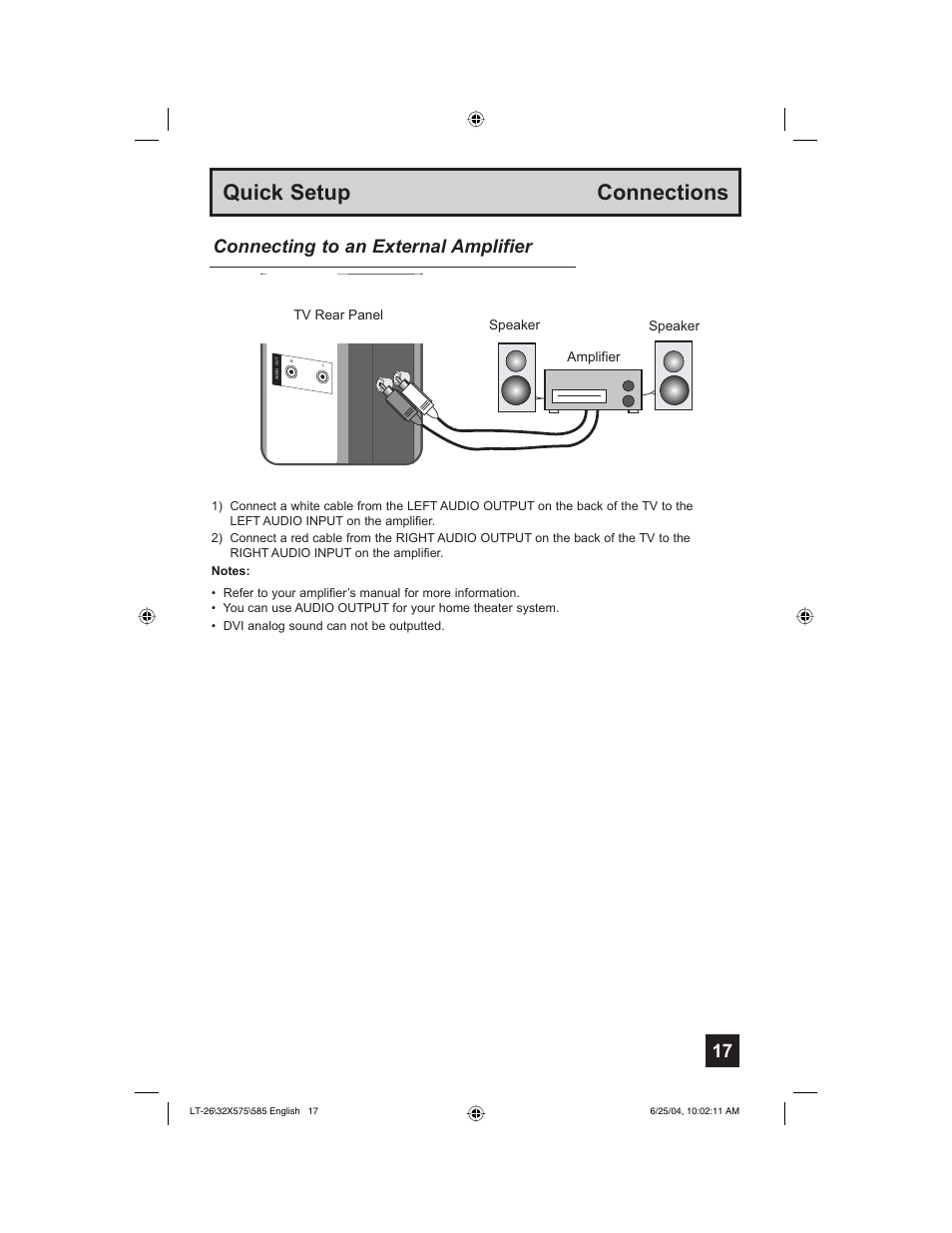 Quick setup connections, Connecting to an external amplifier | JVC T-26X585 User Manual | Page 17 / 72