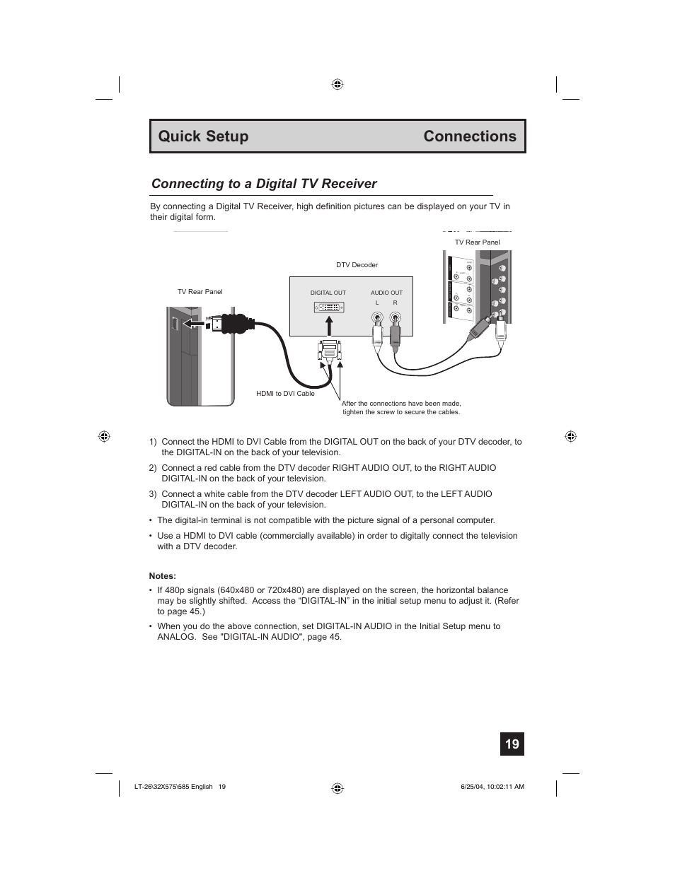 Quick setup connections, Connecting to a digital tv receiver | JVC T-26X585 User Manual | Page 19 / 72