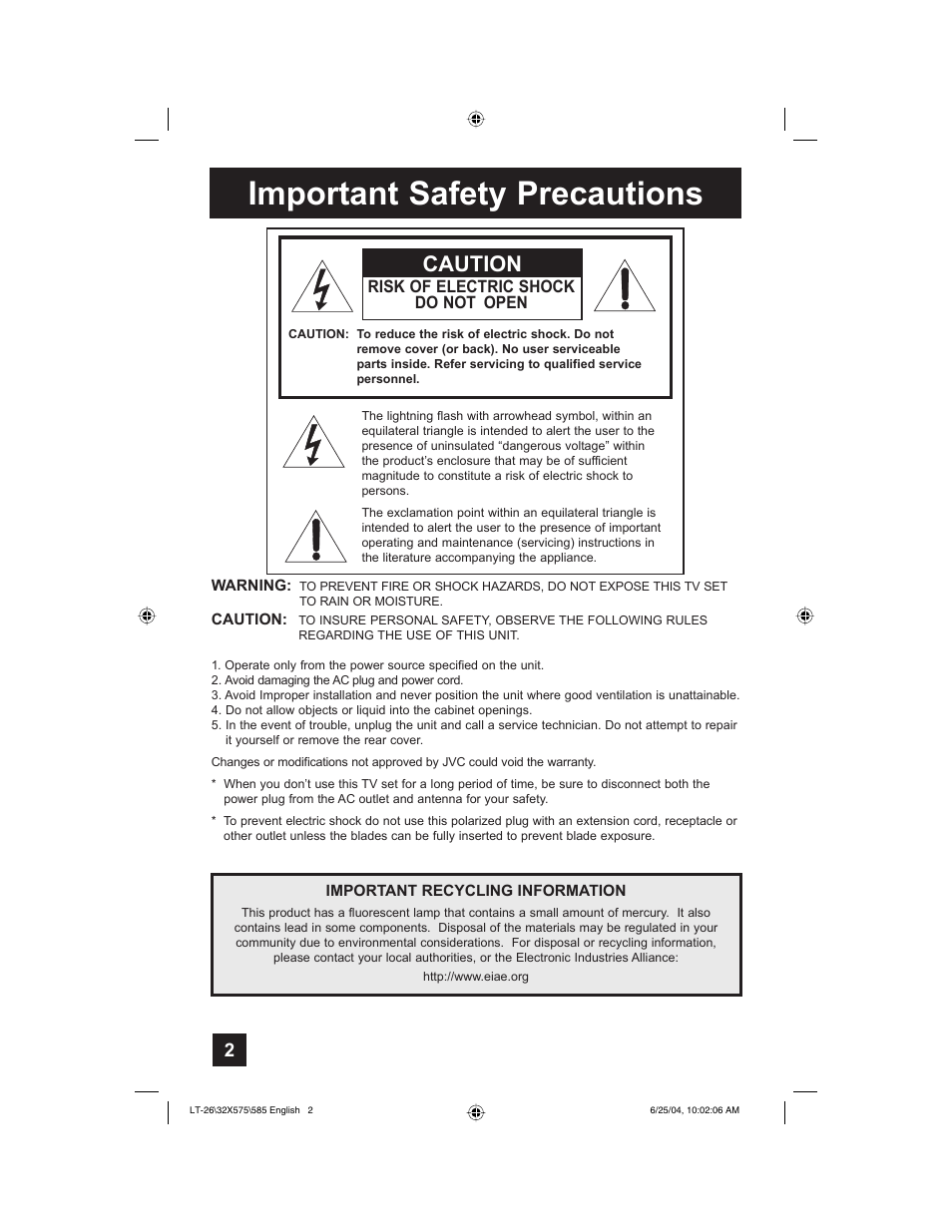 Important safety precautions, Caution | JVC T-26X585 User Manual | Page 2 / 72