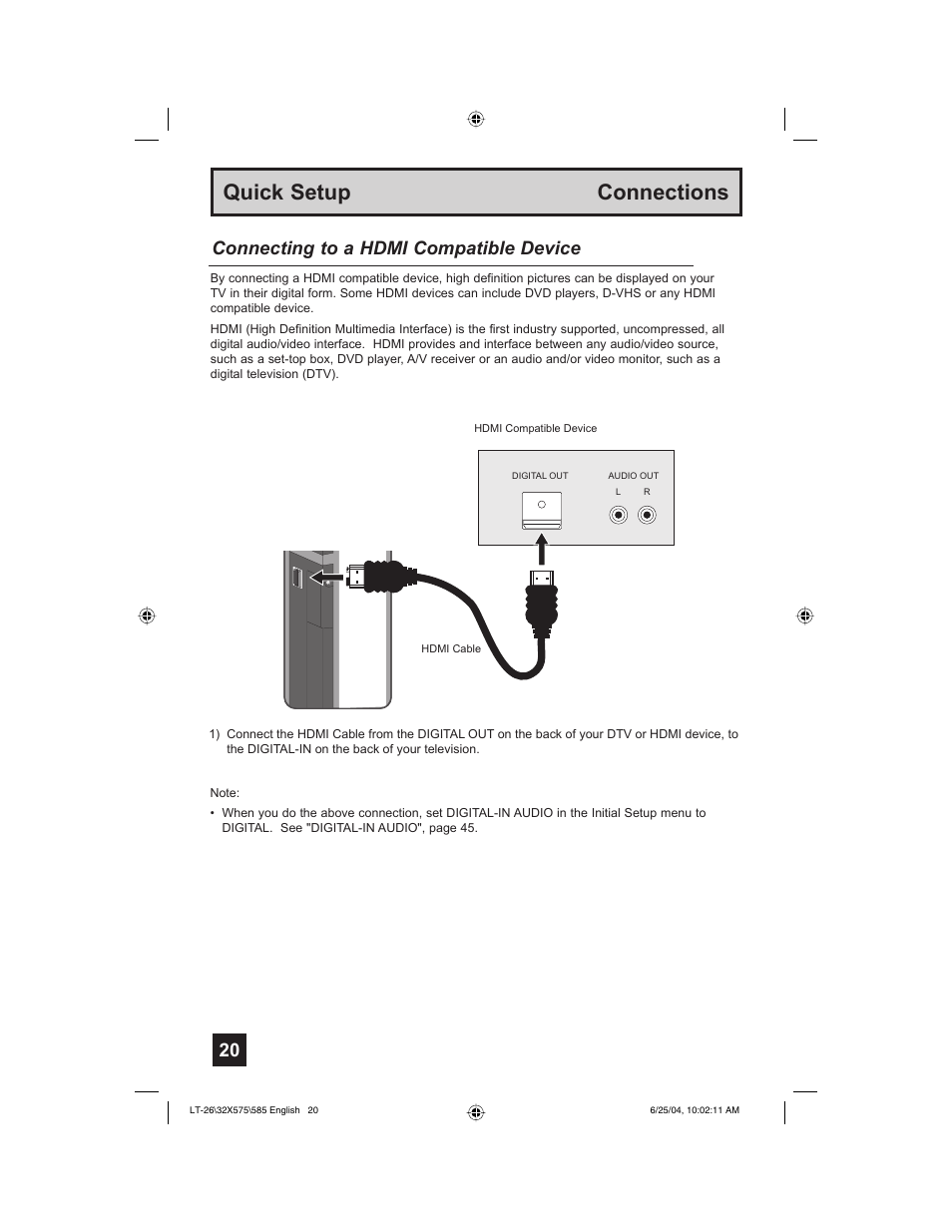 Quick setup connections, Connecting to a hdmi compatible device | JVC T-26X585 User Manual | Page 20 / 72