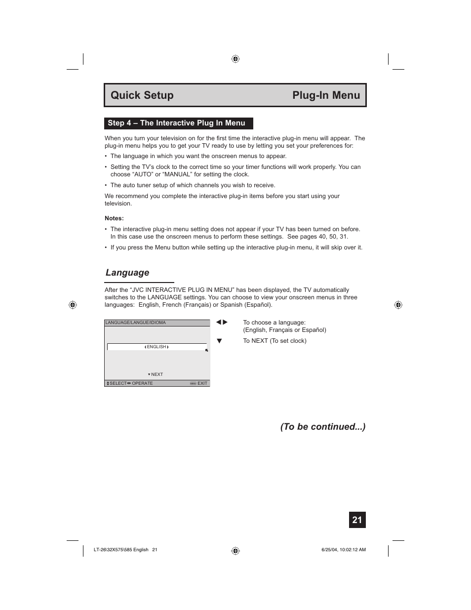 Quick setup plug-in menu, Language (to be continued...) | JVC T-26X585 User Manual | Page 21 / 72