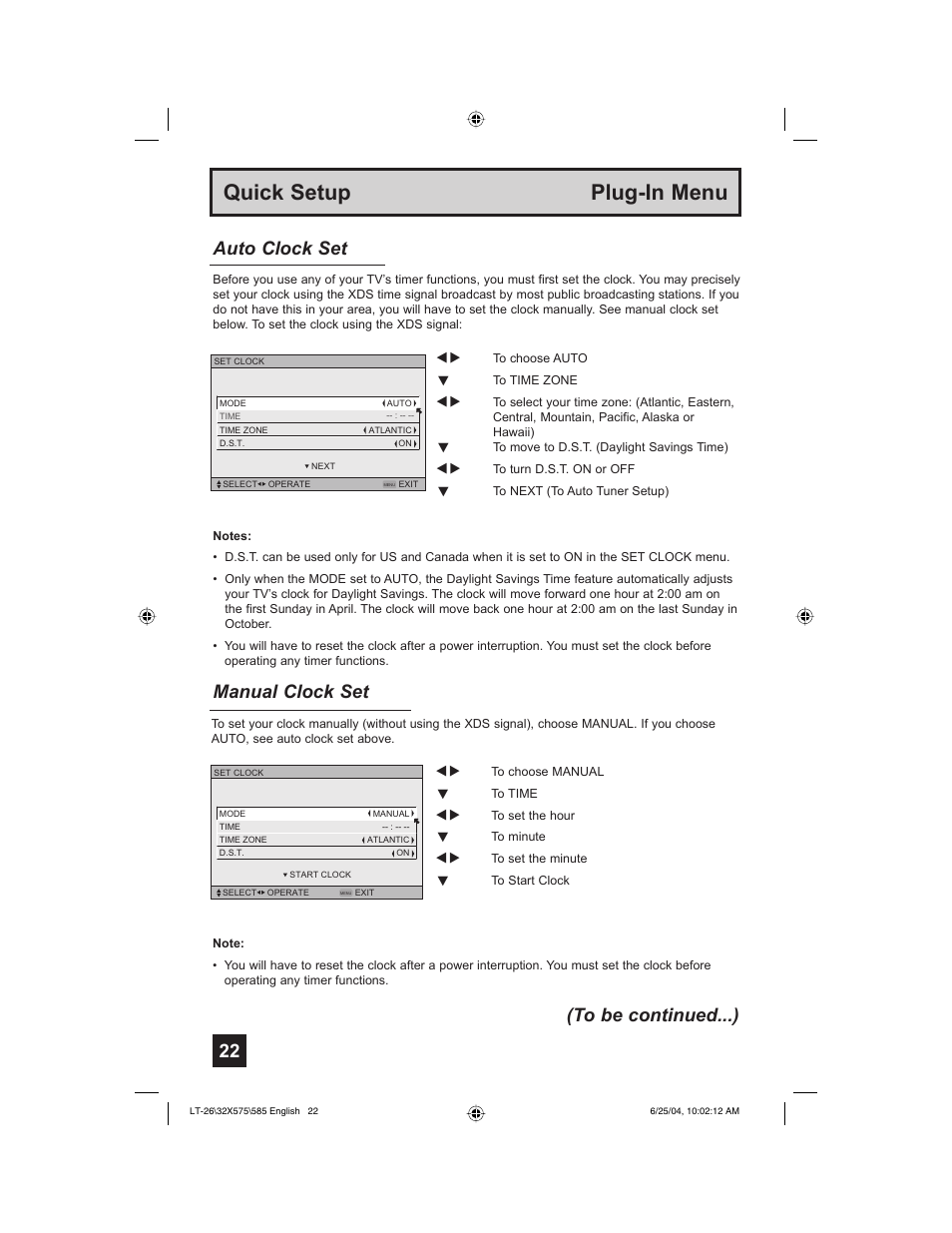 Quick setup plug-in menu, Manual clock set, Auto clock set (to be continued...) | JVC T-26X585 User Manual | Page 22 / 72