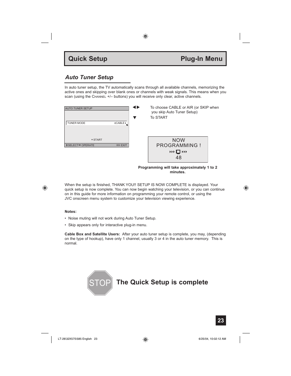 Stop, Quick setup plug-in menu, The quick setup is complete | Auto tuner setup | JVC T-26X585 User Manual | Page 23 / 72