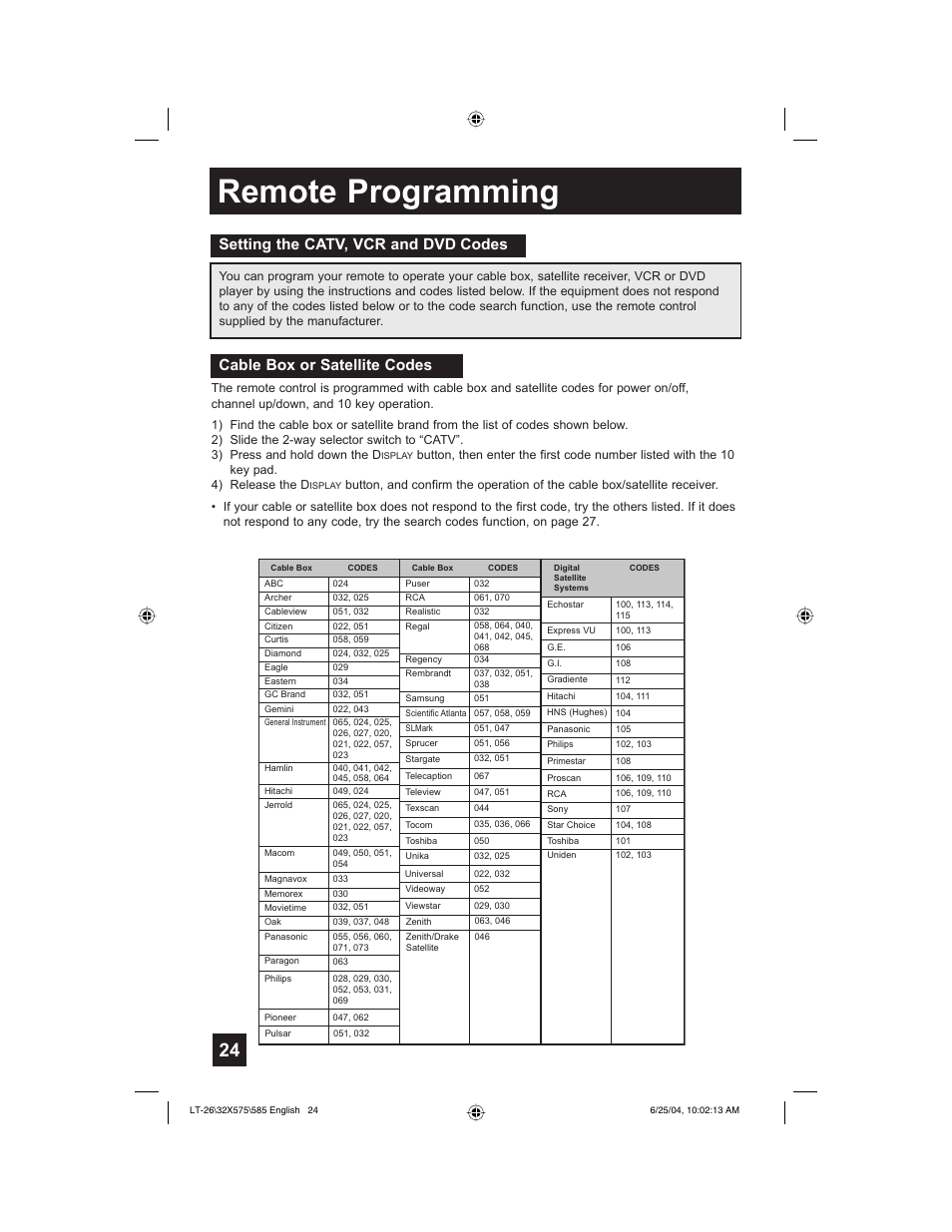 Remote programming | JVC T-26X585 User Manual | Page 24 / 72
