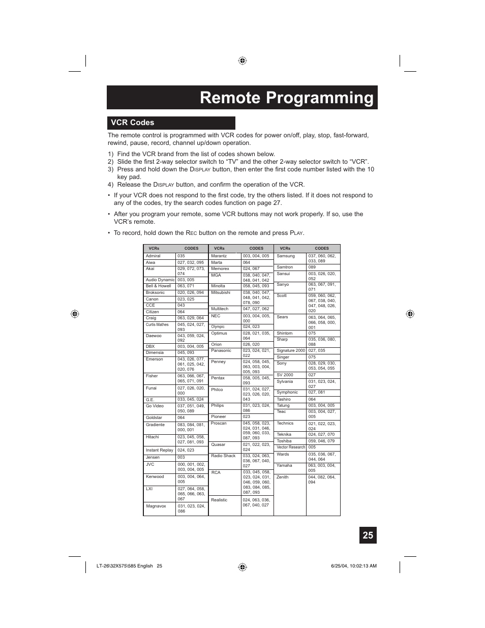 Remote programming, Vcr codes | JVC T-26X585 User Manual | Page 25 / 72