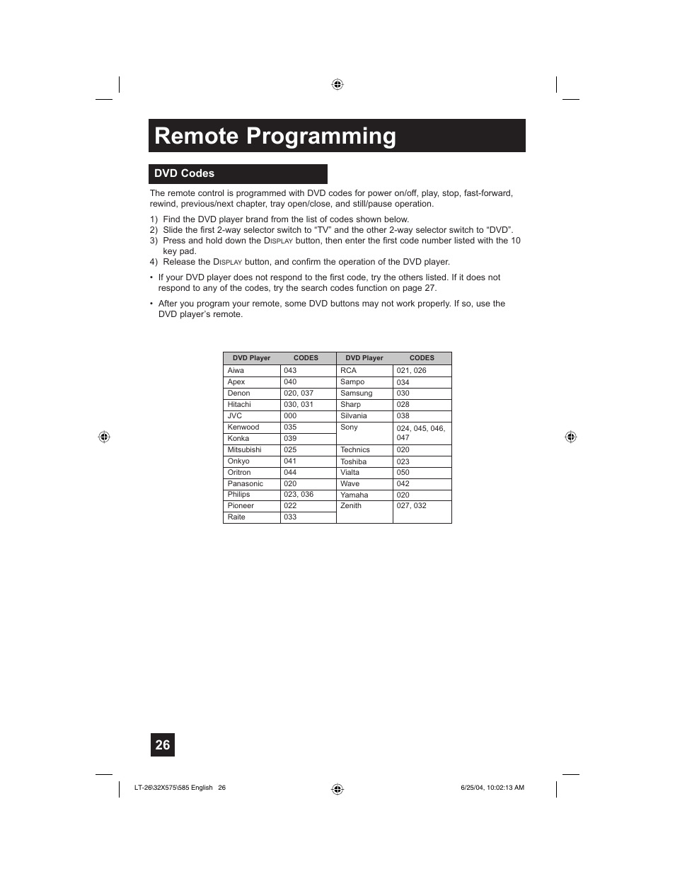 Remote programming, Dvd codes | JVC T-26X585 User Manual | Page 26 / 72