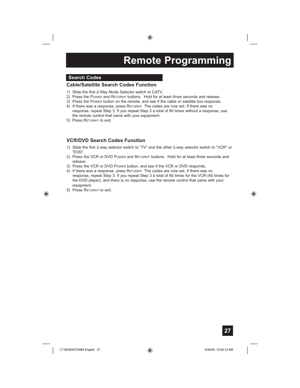 Remote programming | JVC T-26X585 User Manual | Page 27 / 72