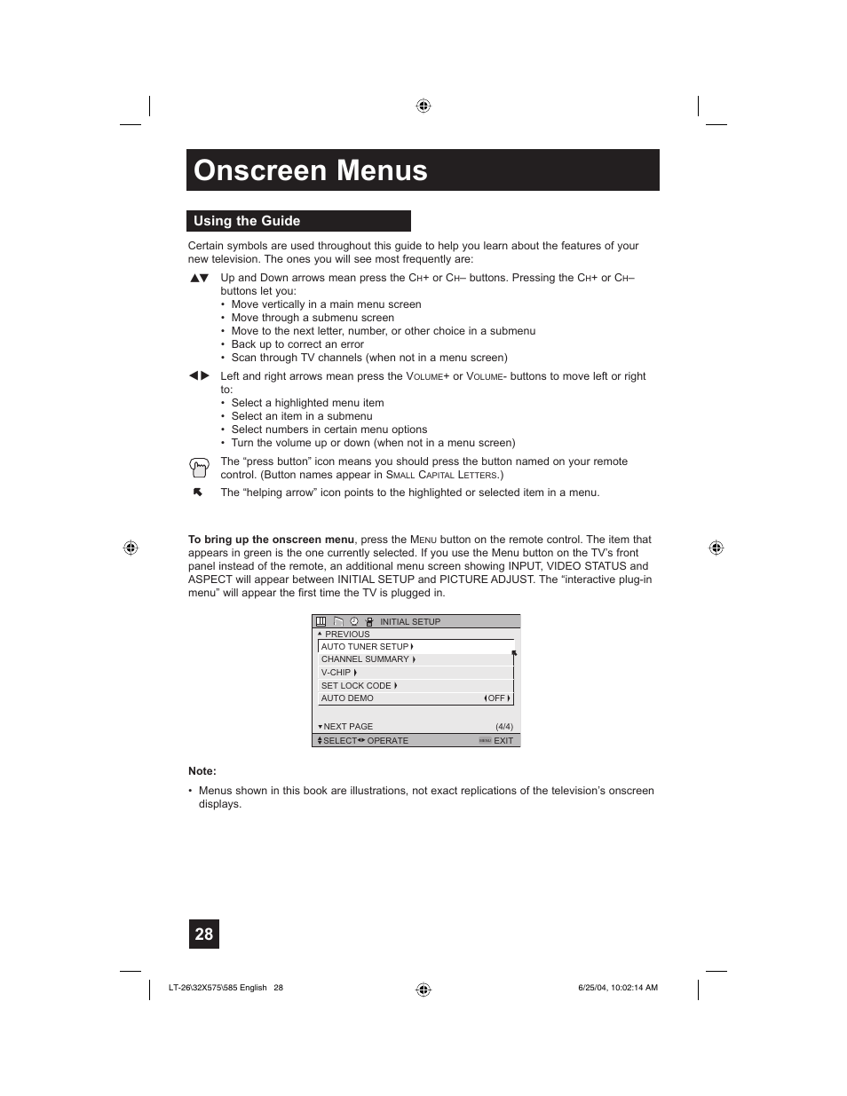 Onscreen menus, Using the guide | JVC T-26X585 User Manual | Page 28 / 72