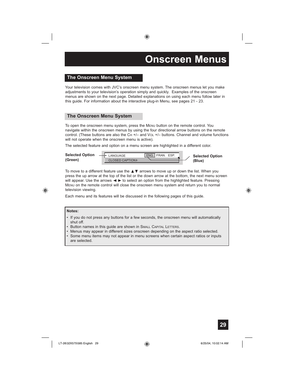 Onscreen menus | JVC T-26X585 User Manual | Page 29 / 72