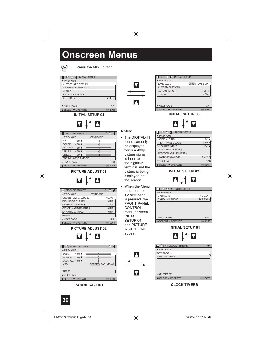 Onscreen menus, Press the m, Clock/timers | Initial setup 03 initial setup 02, Initial setup 01 | JVC T-26X585 User Manual | Page 30 / 72