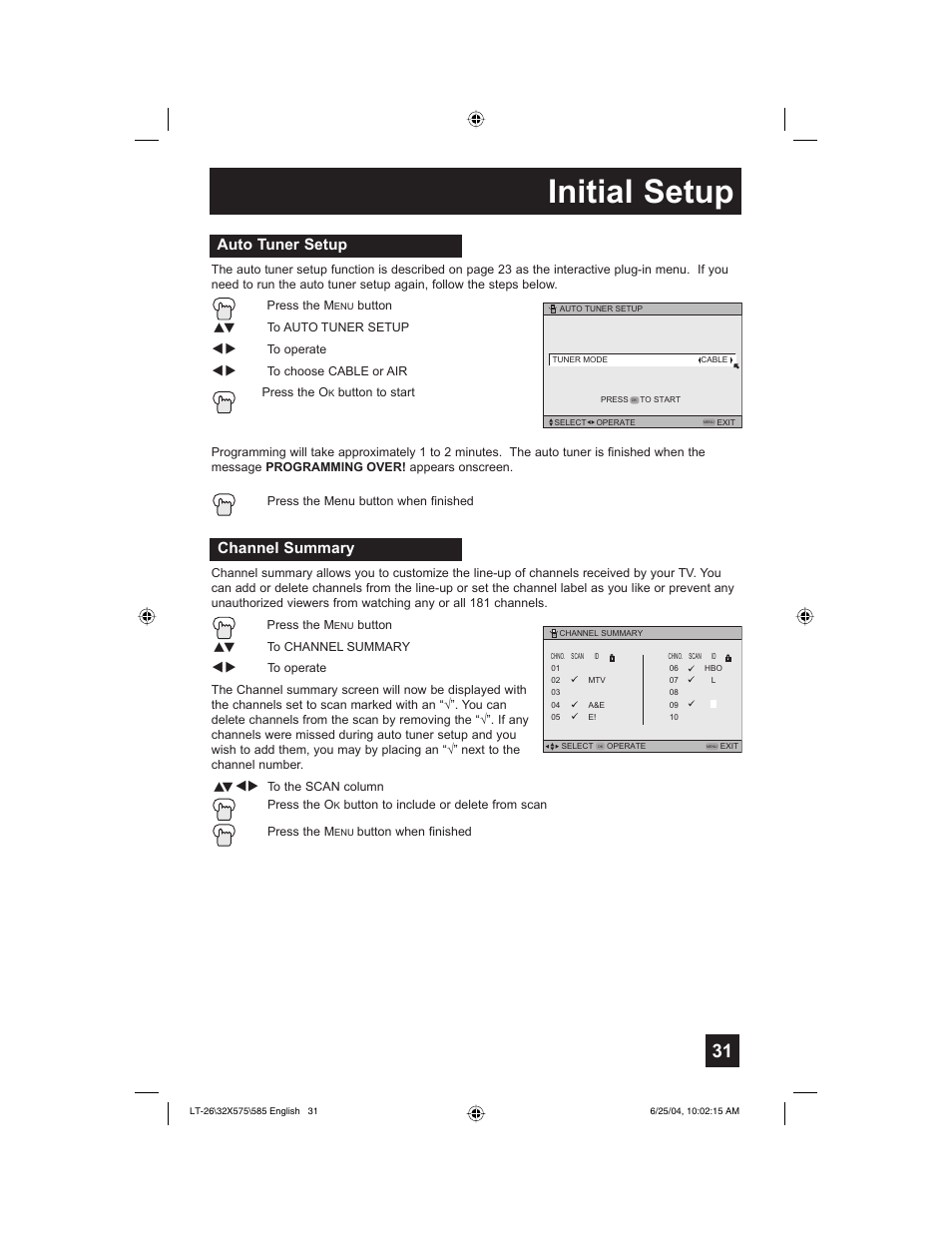 Initial setup, Auto tuner setup, Channel summary | JVC T-26X585 User Manual | Page 31 / 72