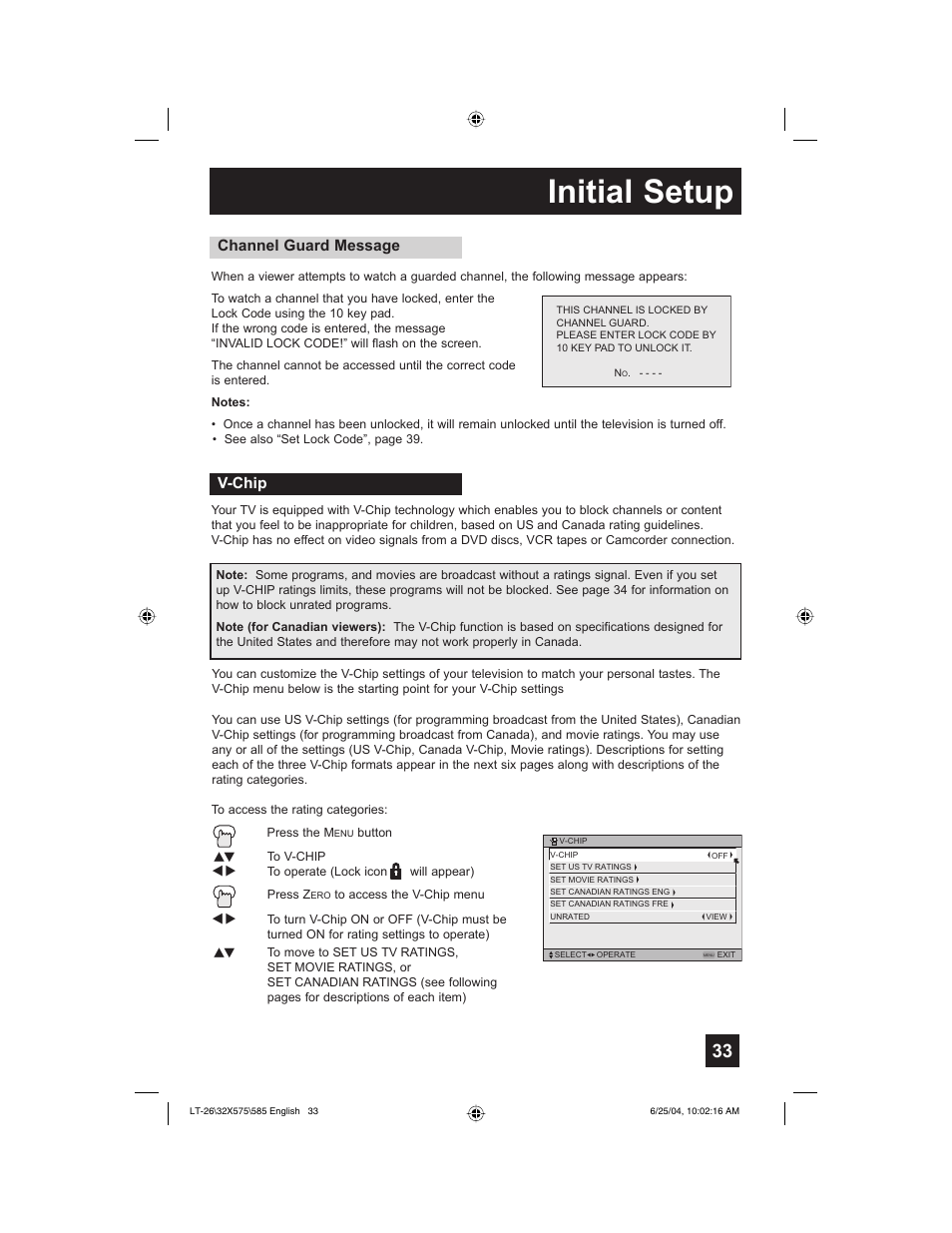Initial setup, Channel guard message, V-chip | JVC T-26X585 User Manual | Page 33 / 72