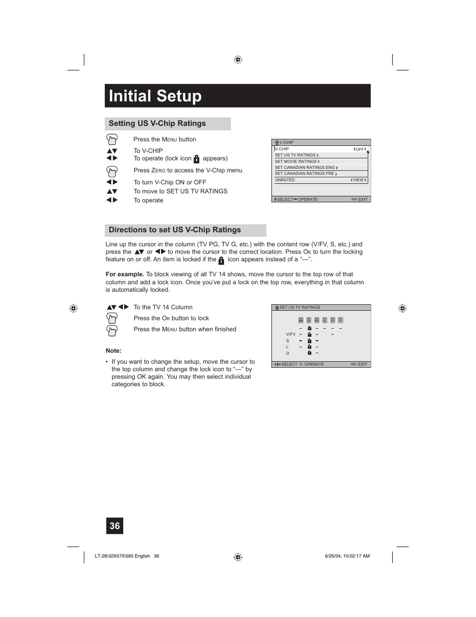 Initial setup, Directions to set us v-chip ratings, Setting us v-chip ratings | JVC T-26X585 User Manual | Page 36 / 72