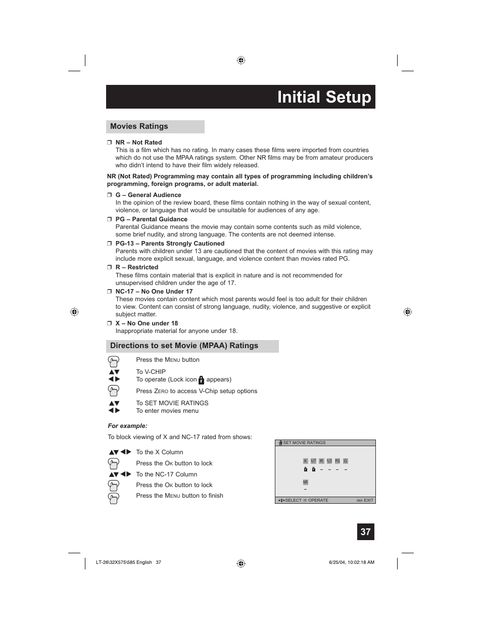 Initial setup, Movies ratings, Directions to set movie (mpaa) ratings | JVC T-26X585 User Manual | Page 37 / 72