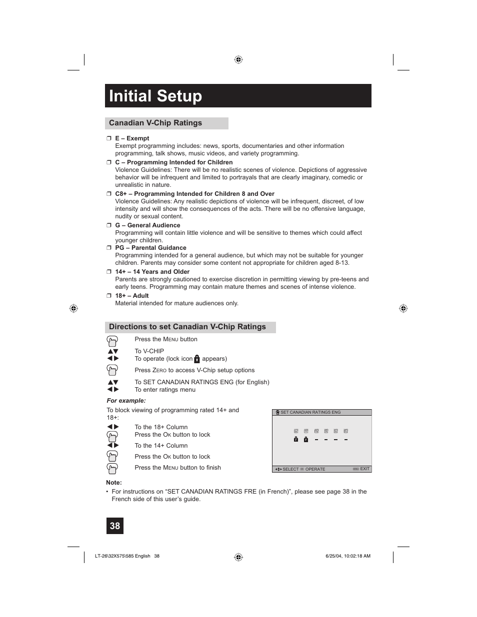 Initial setup, Directions to set canadian v-chip ratings, Canadian v-chip ratings | JVC T-26X585 User Manual | Page 38 / 72