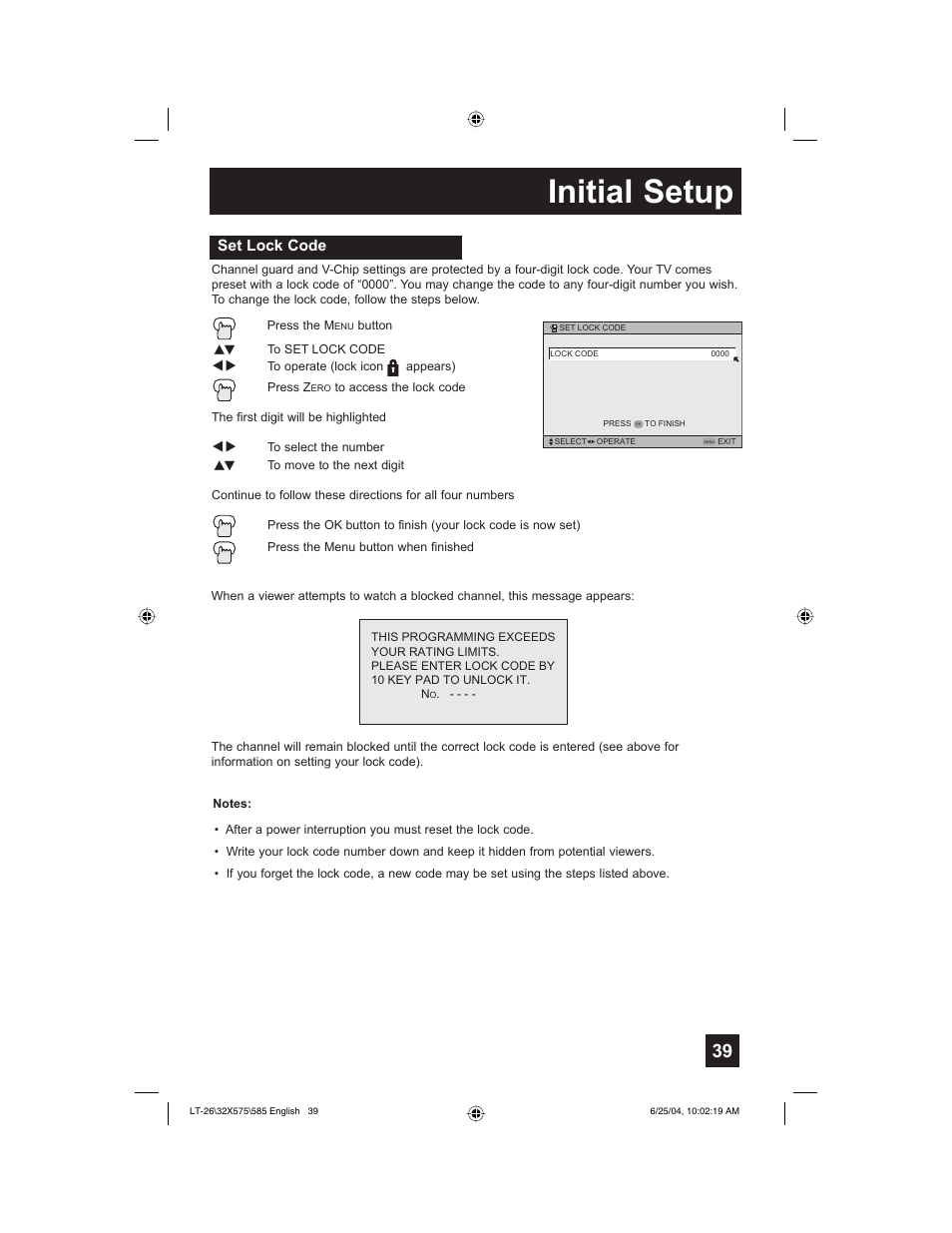 Initial setup, Set lock code | JVC T-26X585 User Manual | Page 39 / 72