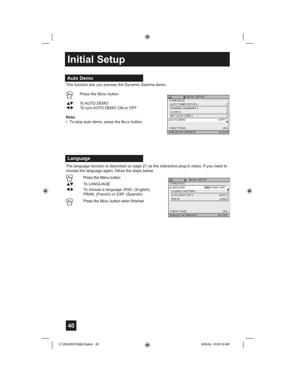 Initial setup, Language, Auto demo | JVC T-26X585 User Manual | Page 40 / 72