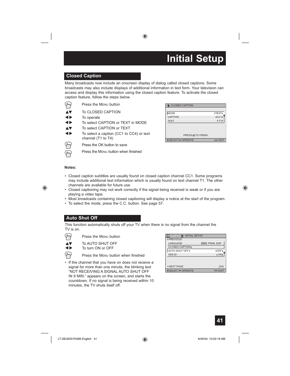 Initial setup, Closed caption, Auto shut off | JVC T-26X585 User Manual | Page 41 / 72